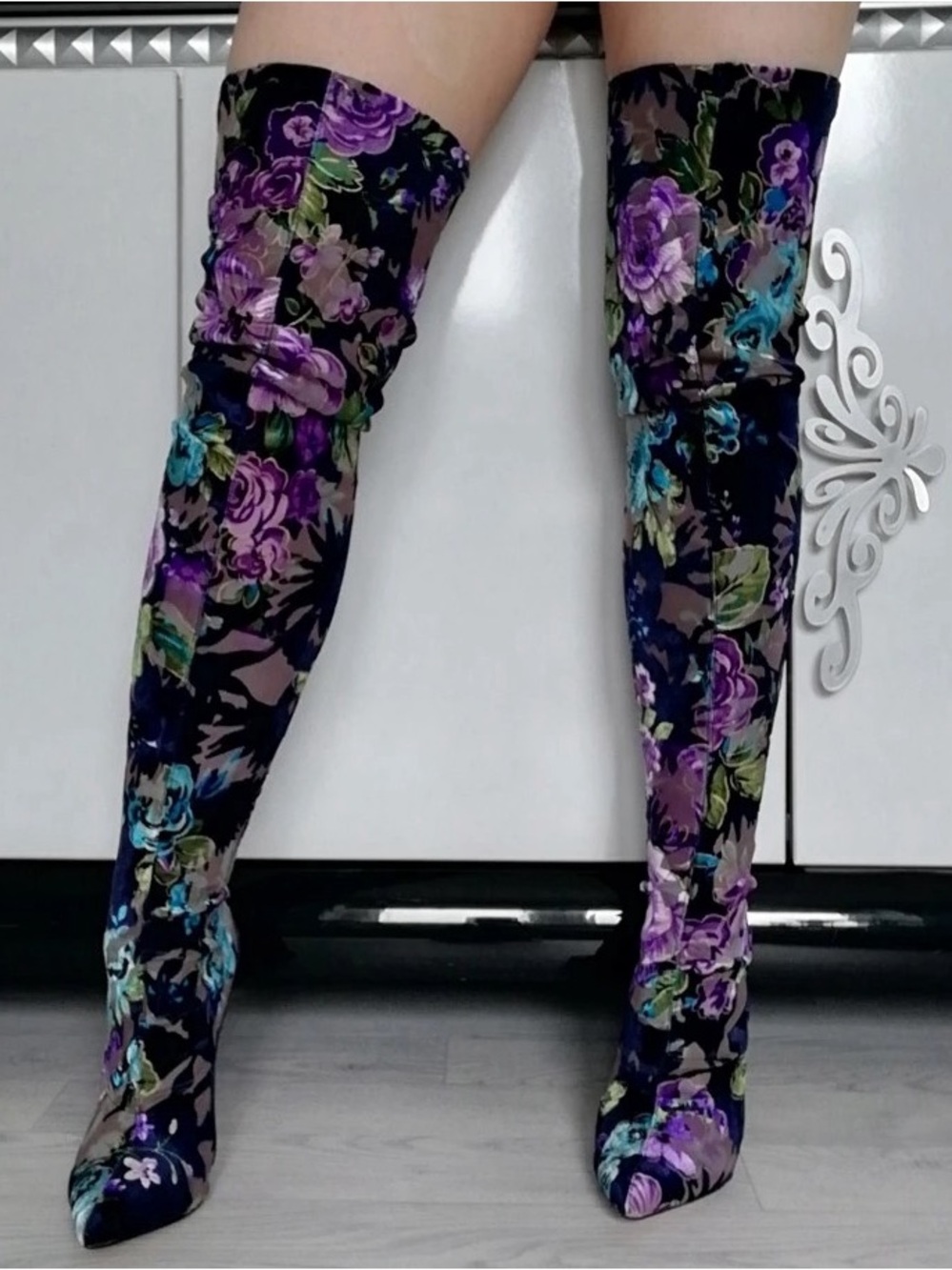 Floral Velvet Over-the-Knee Boots - Purple & Blue